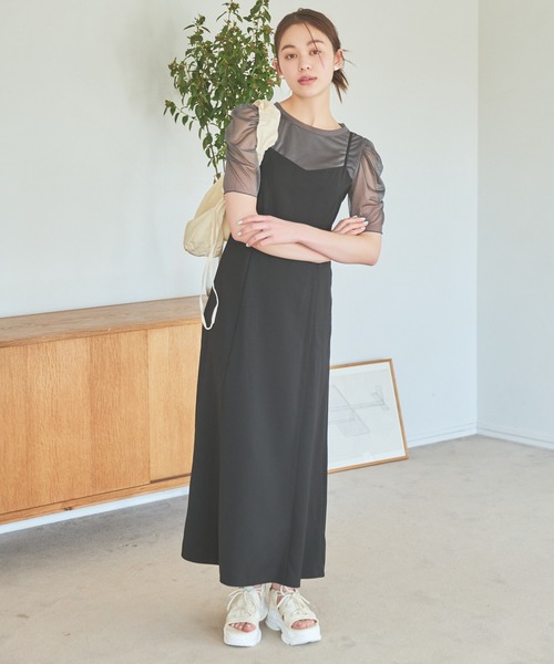 mysty woman（ミスティウーマン）の「チュールフリル×キャミワンピース　119545（ドレス・レディース・カーキ/ブラック・FREE）」の4枚目の写真