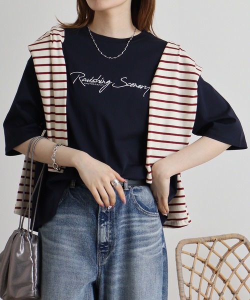 EGLANTINE（エグランティーヌ）の「Eglantine 5分袖ロゴ刺繍Ｔシャツ（Tシャツ/カットソー・レディース・キャメル/ピンク/マスタード/ネイビー/オフホワイト/ブラック・40）」の17枚目の写真