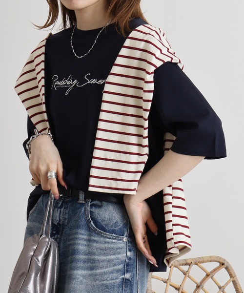EGLANTINE（エグランティーヌ）の「Eglantine 5分袖ロゴ刺繍Ｔシャツ（Tシャツ/カットソー・レディース・キャメル/ピンク/マスタード/ネイビー/オフホワイト/ブラック・40）」の18枚目の写真
