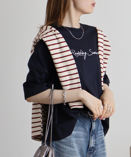 EGLANTINE（エグランティーヌ）の「Eglantine 5分袖ロゴ刺繍Ｔシャツ（Tシャツ/カットソー・レディース・キャメル/ピンク/マスタード/ネイビー/オフホワイト/ブラック・40）」の19枚目の写真