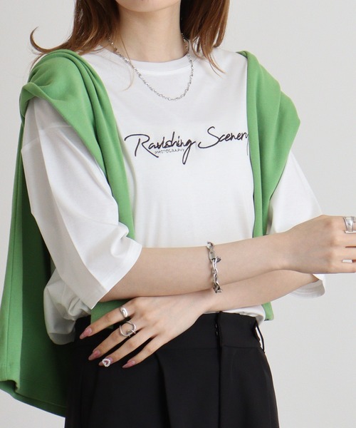 EGLANTINE（エグランティーヌ）の「Eglantine 5分袖ロゴ刺繍Ｔシャツ（Tシャツ/カットソー・レディース・キャメル/ピンク/マスタード/ネイビー/オフホワイト/ブラック・40）」の8枚目の写真