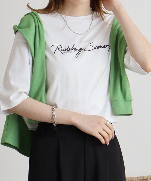 EGLANTINE（エグランティーヌ）の「Eglantine 5分袖ロゴ刺繍Ｔシャツ（Tシャツ/カットソー・レディース・キャメル/ピンク/マスタード/ネイビー/オフホワイト/ブラック・40）」の9枚目の写真