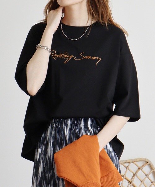 エグランティーヌ EGLANTINE MICAスパンコールロゴ半袖Tシャツ【日本製】 （イエロー） エグランティーヌ EGLANTINE MICAスパンコールロゴ半袖Tシャツ