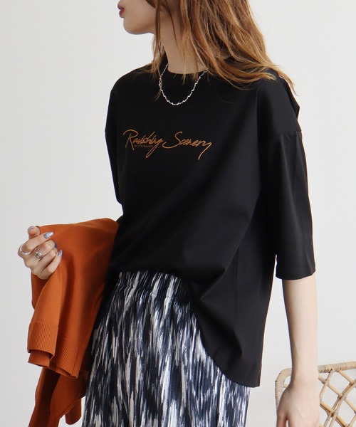 エグランティーヌ EGLANTINE チュールレイヤードロゴTシャツ 半袖カットソー ラグランスリーブ （ブラック） セール】Eglantine 5分袖ロゴ刺繍Tシャツ（Tシャツ/カットソー