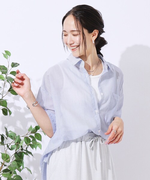 SHOO・LA・RUE（シューラルー）の「◆【洗える】ふわり軽い ゆるシルエット前開きシャツ（シャツ/ブラウス・レディース・スミクロ/ブルー系その他4/グリーン系・02/04/03）」の3枚目の写真