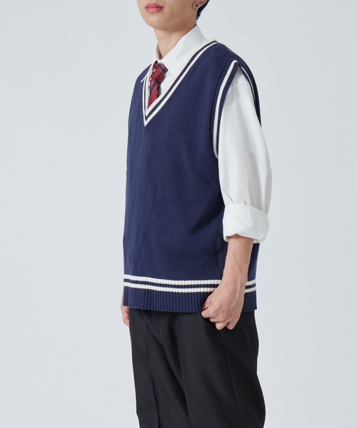 WEGO(ウィゴー)の「WEGO/メンズラインスクールニットベスト(ベスト・メンズ・ベージュ/ネイビー/オフホワイト・MEDIUM/LARGE)」の7枚目の写真