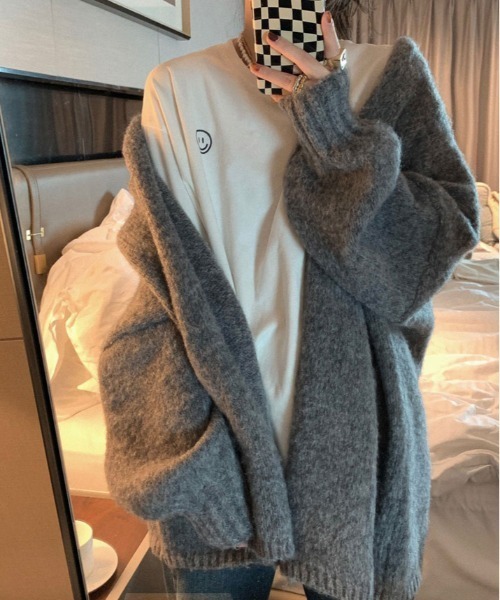 kirakiraShop(キラキラショップ)の「ノーボタン ニット カーディガン(カーディガン/ボレロ・レディース・チャコールグレー/アイボリー/ピンク/ベージュ・FREE)」の1枚目の写真