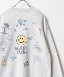 SMILEY FACE/スマイリーフェイス 裏起毛 ワンポイント刺繍 袖 バックプリント オーバーサイズ スウェット レディース メンズ トレーナー