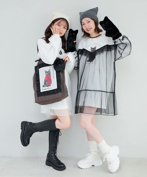 MAJESTIC LEGON（マジェスティックレゴン）の「おめかしネコチャントートバッグ（トートバッグ・レディース・ブラック系その他/ホワイト系その他2・FREE）」の5枚目の写真