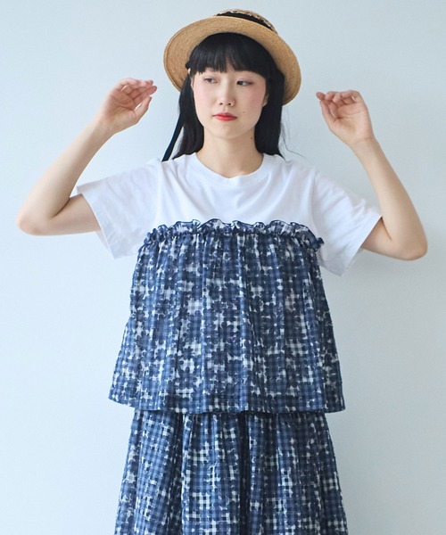 bulle de savon(ビュルデサボン)の「gingham×hana opal Tシャツ(Tシャツ/カットソー・レディース・レッド/ネイビー・FREE)」の3枚目の写真