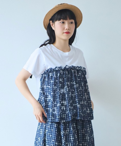 bulle de savon(ビュルデサボン)の「gingham×hana opal Tシャツ(Tシャツ/カットソー・レディース・レッド/ネイビー・FREE)」の4枚目の写真