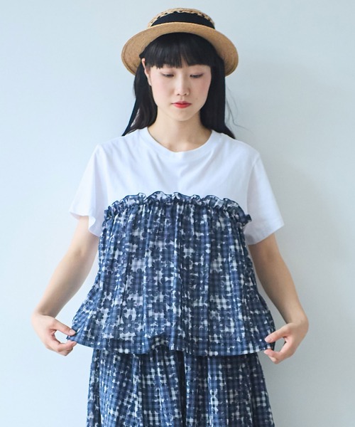 bulle de savon(ビュルデサボン)の「gingham×hana opal Tシャツ(Tシャツ/カットソー・レディース・レッド/ネイビー・FREE)」の5枚目の写真