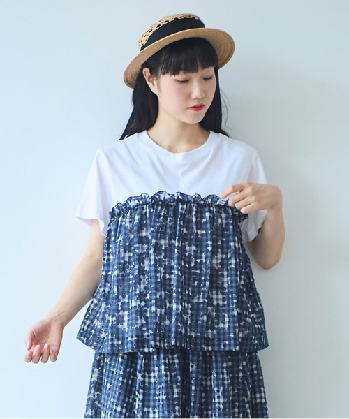 bulle de savon(ビュルデサボン)の「gingham×hana opal Tシャツ(Tシャツ/カットソー・レディース・レッド/ネイビー・FREE)」の6枚目の写真