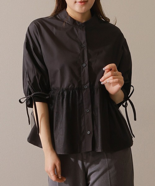 Lace Ladies(レースレディース)の「バンドカラー フロントボタン ペプラム 7分袖 ブラウス(シャツ/ブラウス・レディース・ブルー/グレー/ホワイト/ブラック・FREE/S)」の1枚目の写真