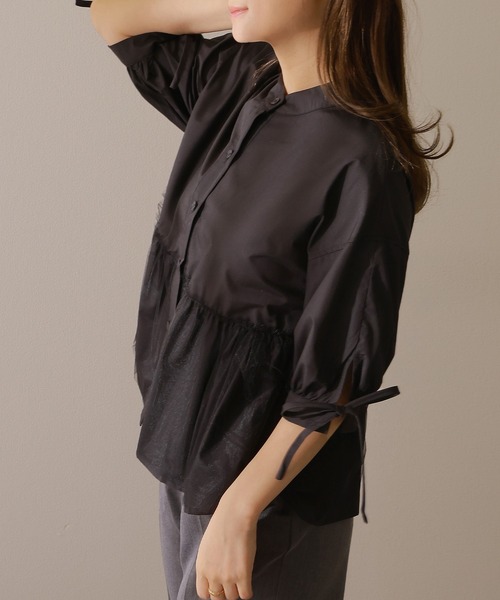 Lace Ladies(レースレディース)の「バンドカラー フロントボタン ペプラム 7分袖 ブラウス(シャツ/ブラウス・レディース・ブルー/グレー/ホワイト/ブラック・FREE/S)」の8枚目の写真