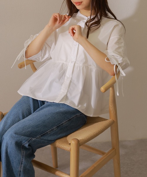 Lace Ladies(レースレディース)の「バンドカラー フロントボタン ペプラム 7分袖 ブラウス(シャツ/ブラウス・レディース・ブルー/グレー/ホワイト/ブラック・FREE/S)」の14枚目の写真
