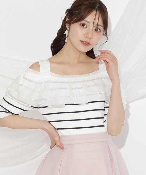 WILLSELECTION(ウィルセレクション)の「シアーボリュームフリルニットプルオーバー(ニット/セーター・レディース・ホワイト×ネイビー/ラベンダー/ブラック/オフホワイト・FREE)」の2枚目の写真