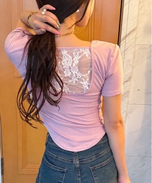 カップ付ウエストシェイプバックレースTシャツ