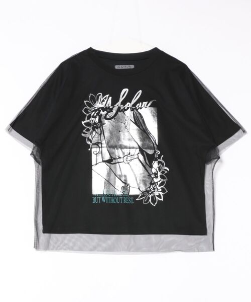 Tシャツ SALE is ScoLar イズ スカラー 552201 ワンシーン箔プリント チュール重ねTシャツ フェミニン ガーリー 原宿系 個性的 ポイント 552201：ワンシーン箔プリント チュール重ねTシャツの通販-ScoLar