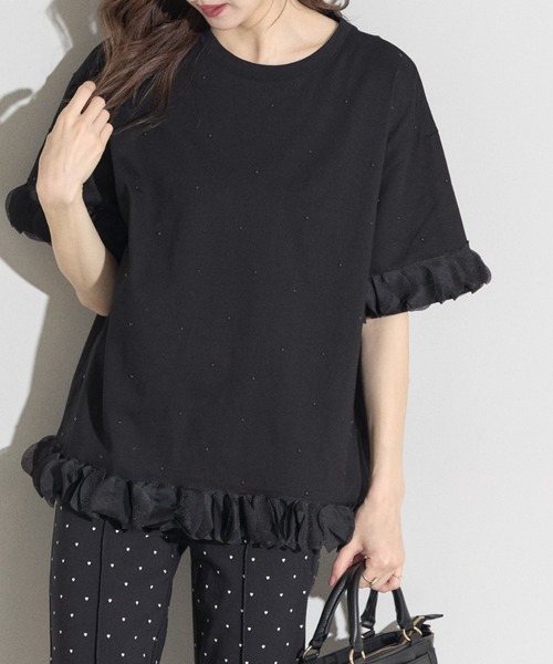 tocco closet(トッコ クローゼット)の「【ZOZO限定】同色パールフリルチュールトップス(Tシャツ/カットソー・レディース・ホワイト/ブラック・M)」の2枚目の写真