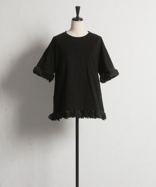 tocco closet(トッコ クローゼット)の「【ZOZO限定】同色パールフリルチュールトップス(Tシャツ/カットソー・レディース・ホワイト/ブラック・M)」の3枚目の写真