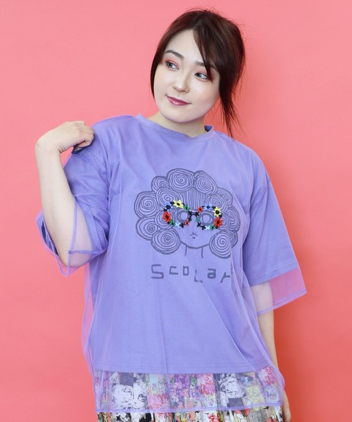 152669：花メガネ刺繍 スカラーちゃんチュール重ねプルオーバー