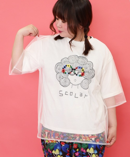 トップス SALE ScoLar スカラー 152669 花メガネ刺繍 スカラーちゃんチュール重ねプルオーバー カジュアル ガーリー レトロ 原宿系 個性的 ポイント ScoLar 152669：花メガネ刺繍 スカラーちゃんチュール重ねプル