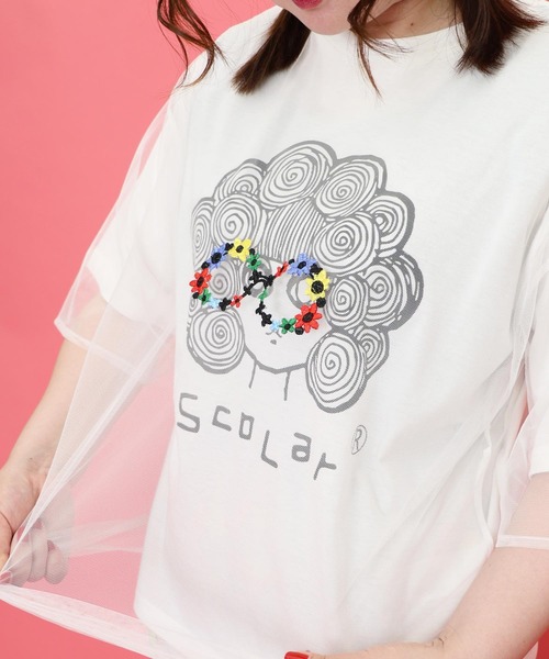 152669：花メガネ刺繍 スカラーちゃんチュール重ねプルオーバー