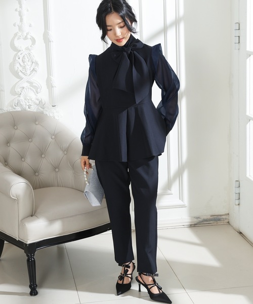 Lace Ladies（レースレディース）の「スタンドカラー ボウタイリボン ペプラム ドッキング セットアップ（セットアップ・レディース・チャコールグレー/ブラック/モカ/ネイビー・FREE/S）」の7枚目の写真