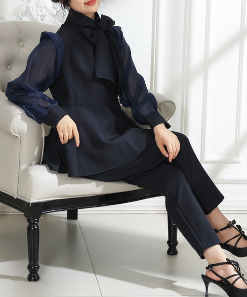 Lace Ladies（レースレディース）の「スタンドカラー ボウタイリボン ペプラム ドッキング セットアップ（セットアップ・レディース・チャコールグレー/ブラック/モカ/ネイビー・FREE/S）」の8枚目の写真