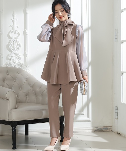 Lace Ladies（レースレディース）の「スタンドカラー ボウタイリボン ペプラム ドッキング セットアップ（セットアップ・レディース・チャコールグレー/ブラック/モカ/ネイビー・FREE/S）」の15枚目の写真