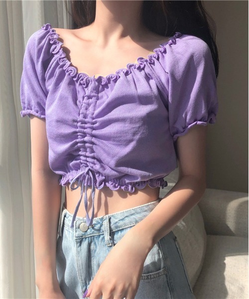 WEGO(ウィゴー)の「WEGO/シャーリングカラフルリボンブラウス/クロップド丈トップス(シャツ/ブラウス・レディース・ホワイト/ピンク/パープル/イエロー/ブルー/ブラック・FREE)」の5枚目の写真