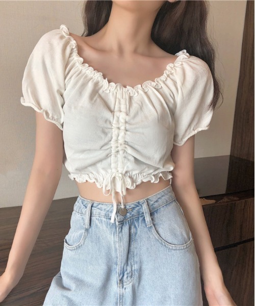 WEGO(ウィゴー)の「WEGO/シャーリングカラフルリボンブラウス/クロップド丈トップス(シャツ/ブラウス・レディース・ホワイト/ピンク/パープル/イエロー/ブルー/ブラック・FREE)」の2枚目の写真