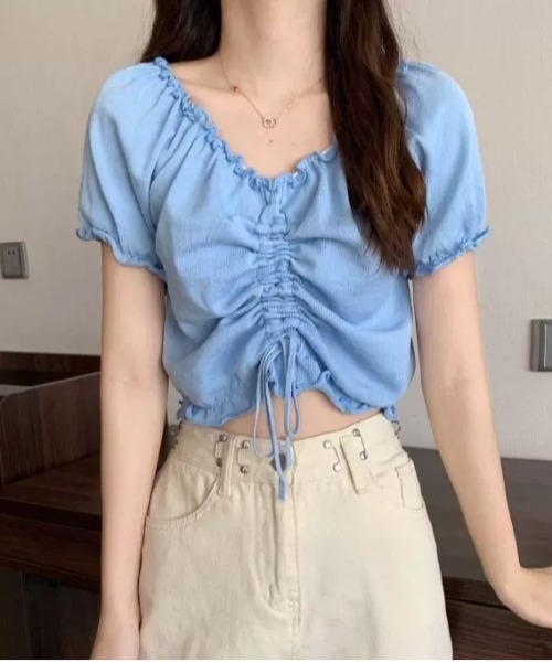 WEGO(ウィゴー)の「WEGO/シャーリングカラフルリボンブラウス/クロップド丈トップス(シャツ/ブラウス・レディース・ホワイト/ピンク/パープル/イエロー/ブルー/ブラック・FREE)」の4枚目の写真