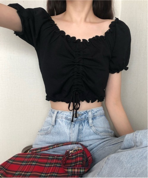 WEGO(ウィゴー)の「WEGO/シャーリングカラフルリボンブラウス/クロップド丈トップス(シャツ/ブラウス・レディース・ホワイト/ピンク/パープル/イエロー/ブルー/ブラック・FREE)」の3枚目の写真