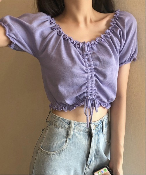 WEGO(ウィゴー)の「WEGO/シャーリングカラフルリボンブラウス/クロップド丈トップス(シャツ/ブラウス・レディース・ホワイト/ピンク/パープル/イエロー/ブルー/ブラック・FREE)」の17枚目の写真