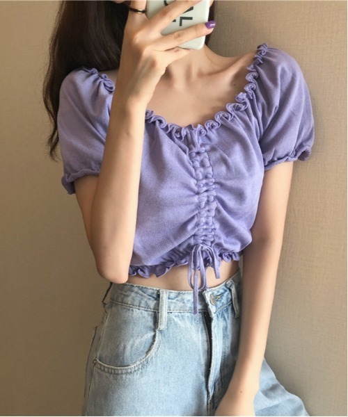 WEGO(ウィゴー)の「WEGO/シャーリングカラフルリボンブラウス/クロップド丈トップス(シャツ/ブラウス・レディース・ホワイト/ピンク/パープル/イエロー/ブルー/ブラック・FREE)」の7枚目の写真