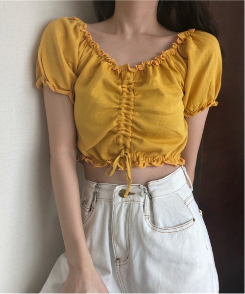 WEGO(ウィゴー)の「WEGO/シャーリングカラフルリボンブラウス/クロップド丈トップス(シャツ/ブラウス・レディース・ホワイト/ピンク/パープル/イエロー/ブルー/ブラック・FREE)」の8枚目の写真