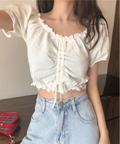 WEGO(ウィゴー)の「WEGO/シャーリングカラフルリボンブラウス/クロップド丈トップス(シャツ/ブラウス・レディース・ホワイト/ピンク/パープル/イエロー/ブルー/ブラック・FREE)」の12枚目の写真