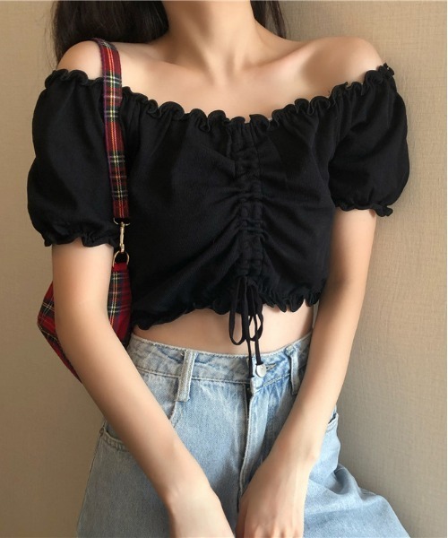 WEGO(ウィゴー)の「WEGO/シャーリングカラフルリボンブラウス/クロップド丈トップス(シャツ/ブラウス・レディース・ホワイト/ピンク/パープル/イエロー/ブルー/ブラック・FREE)」の14枚目の写真