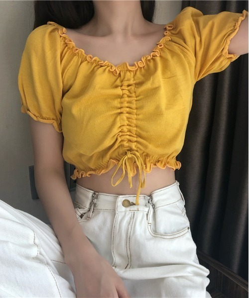 WEGO(ウィゴー)の「WEGO/シャーリングカラフルリボンブラウス/クロップド丈トップス(シャツ/ブラウス・レディース・ホワイト/ピンク/パープル/イエロー/ブルー/ブラック・FREE)」の9枚目の写真