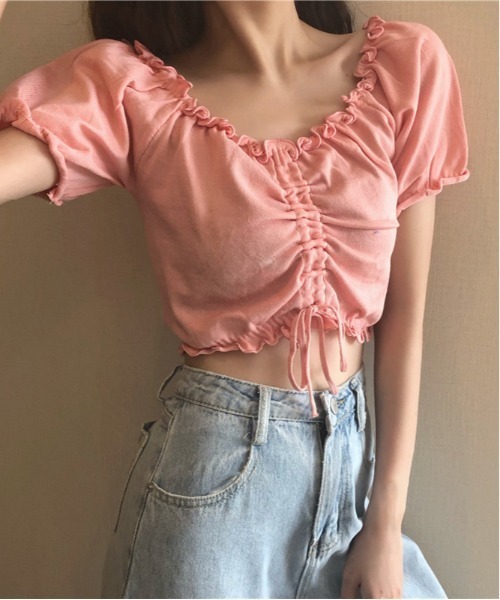 WEGO(ウィゴー)の「WEGO/シャーリングカラフルリボンブラウス/クロップド丈トップス(シャツ/ブラウス・レディース・ホワイト/ピンク/パープル/イエロー/ブルー/ブラック・FREE)」の10枚目の写真