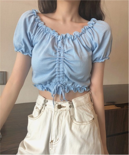 WEGO(ウィゴー)の「WEGO/シャーリングカラフルリボンブラウス/クロップド丈トップス(シャツ/ブラウス・レディース・ホワイト/ピンク/パープル/イエロー/ブルー/ブラック・FREE)」の16枚目の写真