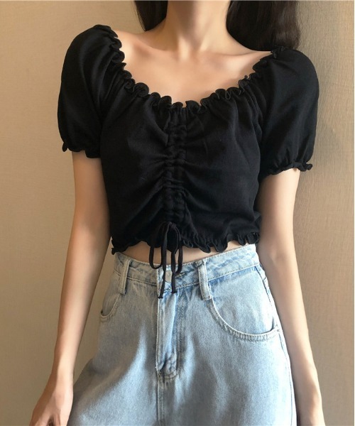 WEGO(ウィゴー)の「WEGO/シャーリングカラフルリボンブラウス/クロップド丈トップス(シャツ/ブラウス・レディース・ホワイト/ピンク/パープル/イエロー/ブルー/ブラック・FREE)」の15枚目の写真