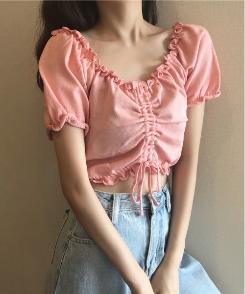 WEGO(ウィゴー)の「WEGO/シャーリングカラフルリボンブラウス/クロップド丈トップス(シャツ/ブラウス・レディース・ホワイト/ピンク/パープル/イエロー/ブルー/ブラック・FREE)」の11枚目の写真