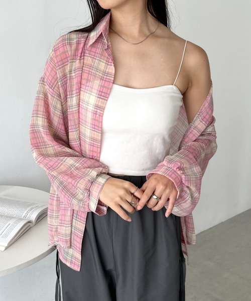 CLEA(クレア)の「シアーチェックシャツ(シャツ/ブラウス・レディース・ベージュ/イエロー/ホワイト/レッド/ピンク/ブルー/ブラック/ピンク系その他・FREE)」の7枚目の写真