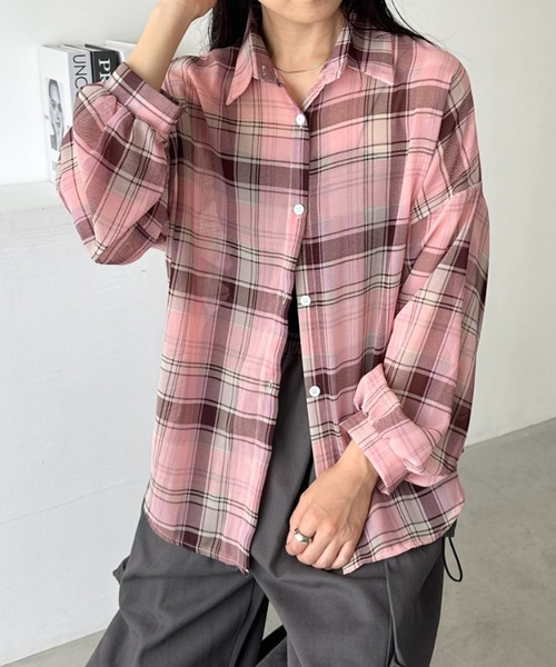 CLEA(クレア)の「シアーチェックシャツ(シャツ/ブラウス・レディース・ベージュ/イエロー/ホワイト/レッド/ピンク/ブルー/ブラック/ピンク系その他・FREE)」の6枚目の写真