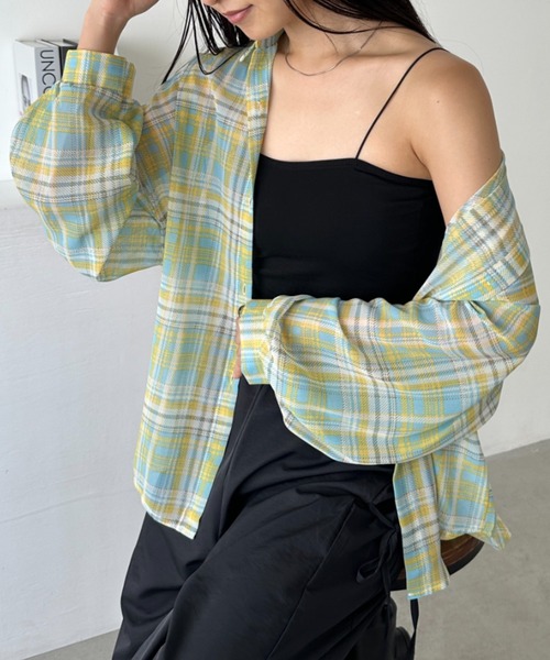 CLEA(クレア)の「シアーチェックシャツ(シャツ/ブラウス・レディース・ベージュ/イエロー/ホワイト/レッド/ピンク/ブルー/ブラック/ピンク系その他・FREE)」の5枚目の写真