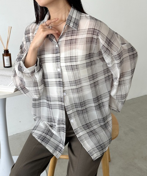 CLEA(クレア)の「シアーチェックシャツ(シャツ/ブラウス・レディース・ベージュ/イエロー/ホワイト/レッド/ピンク/ブルー/ブラック/ピンク系その他・FREE)」の13枚目の写真