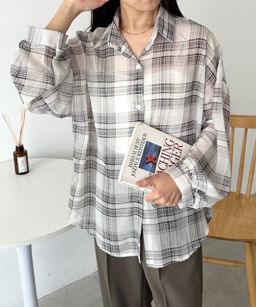 CLEA(クレア)の「シアーチェックシャツ(シャツ/ブラウス・レディース・ベージュ/イエロー/ホワイト/レッド/ピンク/ブルー/ブラック/ピンク系その他・FREE)」の9枚目の写真